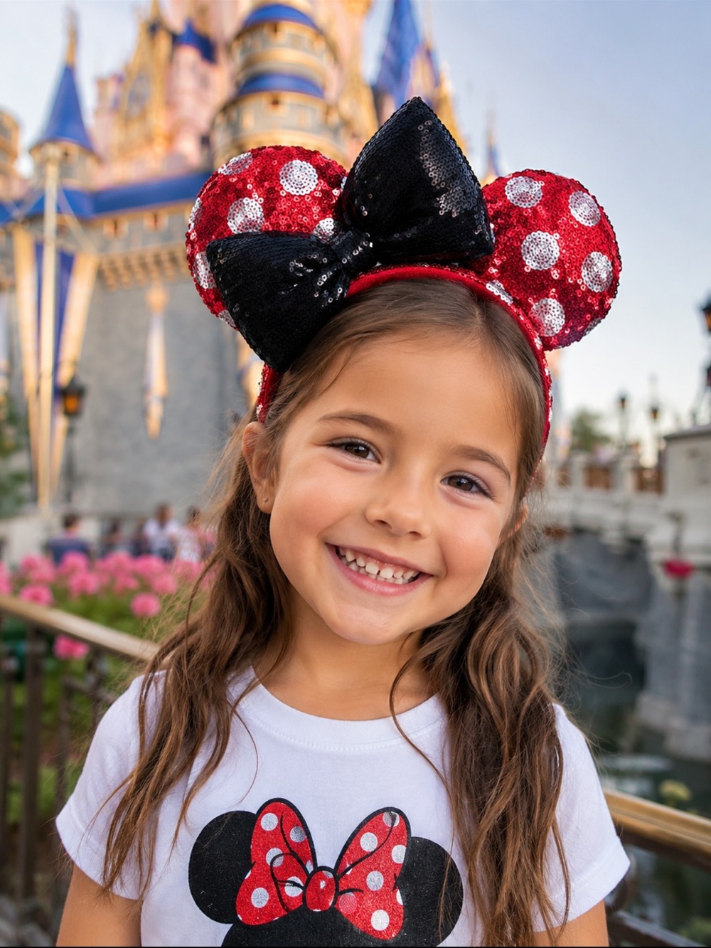 Disney Minnie Ears Headband - Polka Dots With Black Bow Sequined RARE